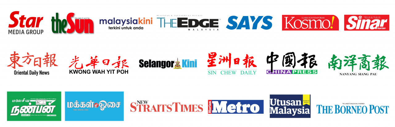 Print publication partner logos including The Star, New Straits Times, Utusan Malaysia, Harian Metro, Sin Chew Daily, China Press, Nanyang Siang Pau, Malaysia Nanban and The Borneo Post