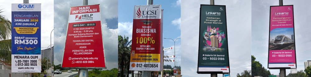 Street bunting advertisements on lamp posts in Malaysia by Mega Trend Advertising