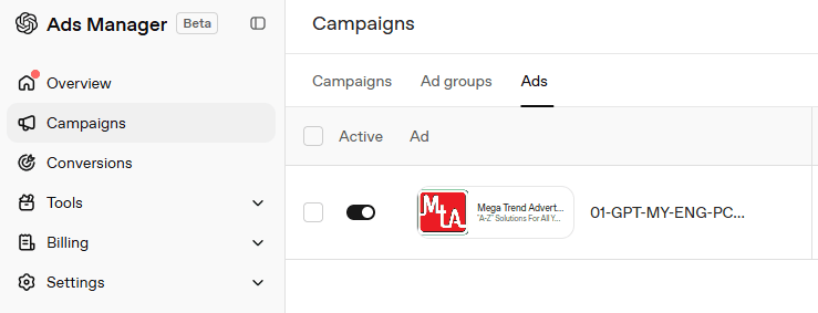 The Mega Trend Advertising ad switched on in the Ads tab of OpenAI Ads Manager, which is labelled Beta