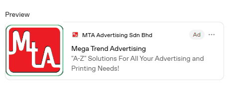 Preview of the Mega Trend Advertising ad in OpenAI Ads Manager, with the MTA logo, the title Mega Trend Advertising and the line A-Z Solutions For All Your Advertising and Printing Needs
