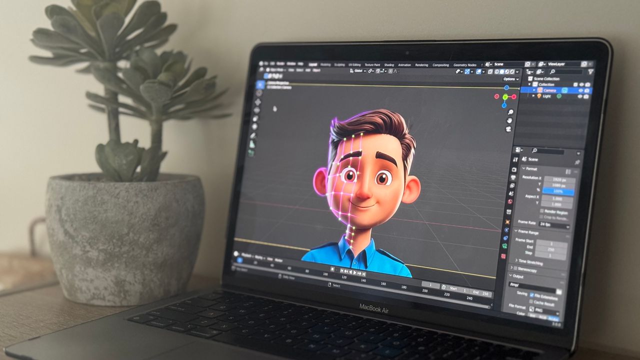 Animated character being built in animation software on a laptop