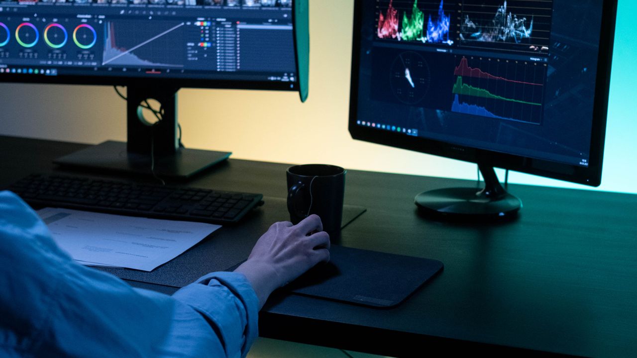 Video editing and colour grading on dual monitors